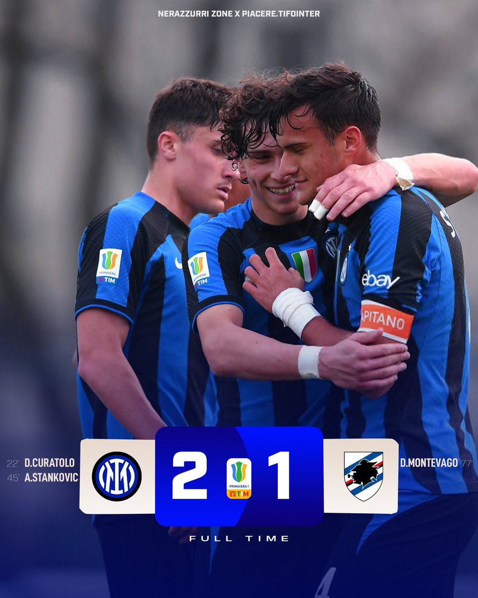 piacere_inter's tweet photo. COPPA ITALIA PRIMAVERA, #InterSampdoria 2️⃣➖1️⃣
L’Inter vince e si qualifica in semifinale 🏆

Sarà la Roma l’avversaria in semifinale. 
Bravi ragazzi! 👏🏻

#FORZAINTER! ⚫️🔵

#InterYouth #Under19 https://t.co/EkFxzukpCz