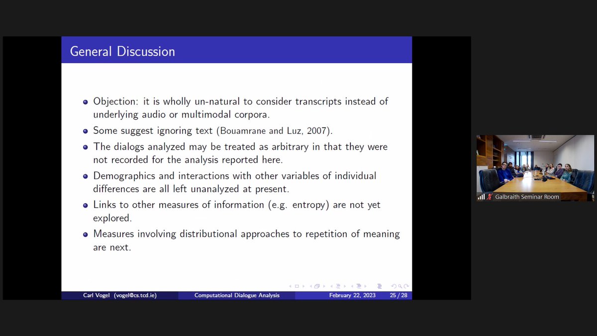 Repetition in dialogue can potentially give signals that suggest conversation isn't flowing as well as previously assumed, according to Dr Vogel. He gives online meetings as an example. #AI
