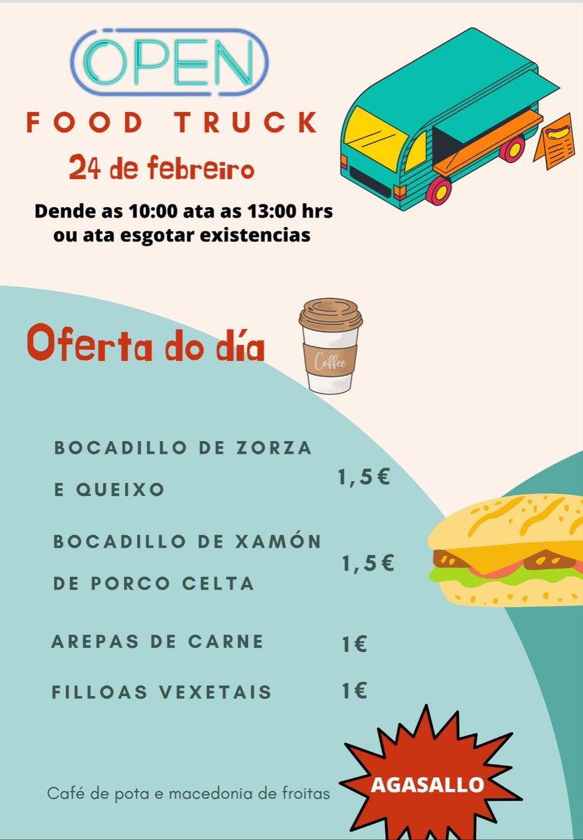profesorFP's tweet photo. O equipo de alumnado responsable do exercicio de "comida na rúa" do venres acaba de enviarme a oferta gastronómica:
➡️ Zorza de porco celta e Queixo Arzúa-Ulloa DOP
➡️ Xamón de porco celta asado
➡️Arepas de carne
➡️ Filloas vexetais
➡️ Café de pota e froita de agasallo
#PonteVan https://t.co/EnZvZ0Foy5