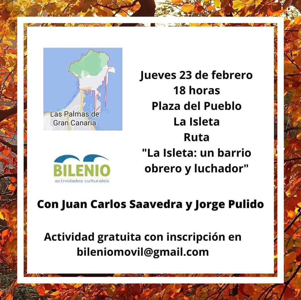 DistritoPuerto's tweet photo. Este jueves 23 de febrero y con motivo del #DíaDeLaIsleta podrás disfrutar de la ruta guiada "La Isleta: un barrio obrero y luchador". Inscríbete de forma gratuita en bileniomovil@gmail.com
#IsletaPuertoGuanarteme #DistritoVivo #LasPalmasDeGranCanaria https://t.co/pF1QMD8BJj