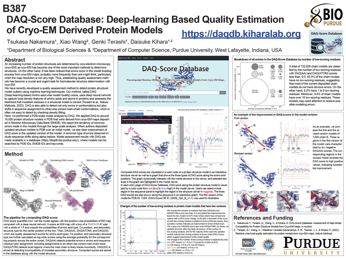 kiharalab's tweet image. Come to our poster today! at #bps2023 #bps23 &quot;2637-Pos Board B387
DAQ-SCORE DATABASE: DEEP-LEARNING BASED QUALITY ESTIMATION
OF CRYO-EM DERIVED PROTEIN MODELS.&quot; Tsukasa Nakamura et al. The DAQ-Score Database is at daqdb.kiharalab.org