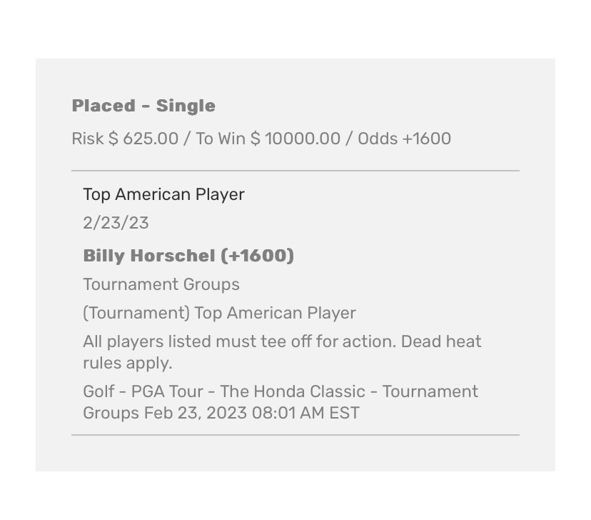 Almost bet Liv this week and probably should have with this field.. but I like this number with Billy Ho!! Thought this was gonna be close to his number to win outright when I first looked so I’ll take it as top American!! Bovada restricted me to 10k profit wouldn’t take 1k bet..