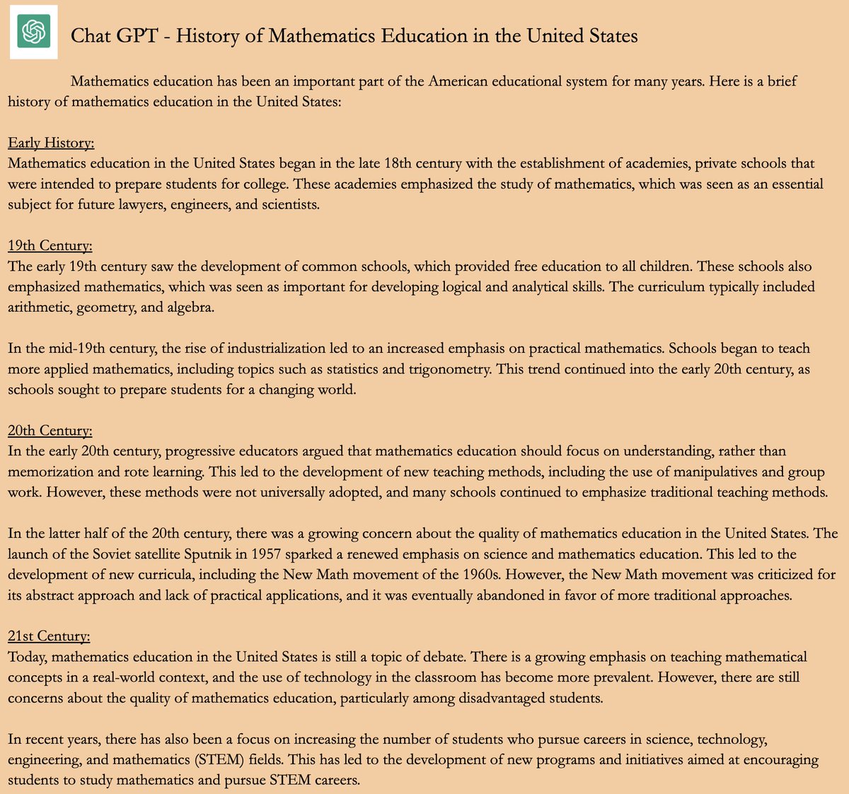 Math Education friends - I wondered what #ChatGPT impression of the History of Mathematics Education in the United States would be... * What are your thoughts? * What/who is missing? #MTBoS #AcademicTwitter #iteachmath #history #STEMeducation #AcademicChatter