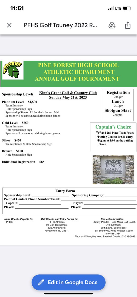 Support Pine Forest Athletics Golf Tournament fundraiser! All cost are on the flyer. Get teams in quick. Call Pine Forest or King Grant to put in your team.