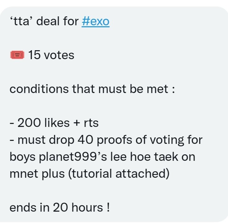 AlienEXO_L9's tweet image. Attention EXOLs ‼️‼️‼️
TTA deal for #EXO
🎟 15 votes 

- 200 likes + rts
- must drop 40 proofs of voting for boys planet999’s lee hoe taek on mnet plus

ends in 20 hours📢📢

Let's complete this fast Ls ❤️‍🔥❤️‍🔥 fighting Eris for our boys 💪🏻❤️‍🔥 @weareoneEXO