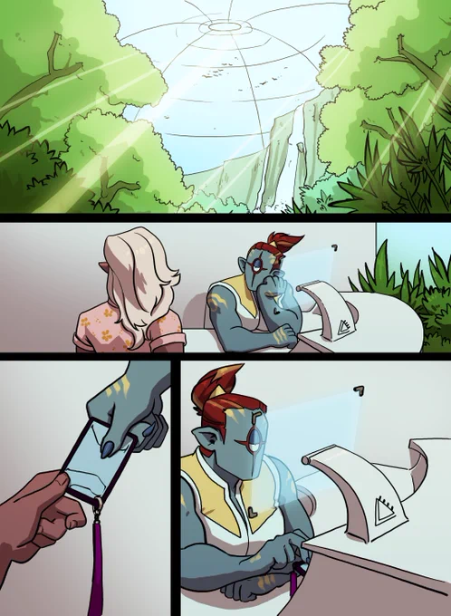 Instead, I suggest breaking up your single panel into multiple, like this!

this way, we spend a lot more visual time on the establishing shot, and we also get to see more details from it. it makes us feel more "in the scene" this way. 