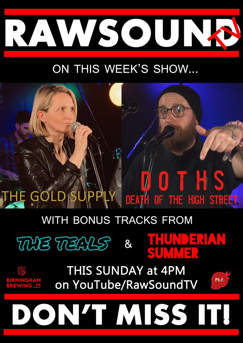 🚨NEW SHOW ALERT🚨Join us this Sunday at 4pm for another brand new episode! We’ve got some amazing live &amp; exclusive performances for you this week - See <a href="/dothsband/">Death Of The High Street</a> &amp; <a href="/The_Gold_Supply/">The Gold Supply</a> plus bonus tracks from <a href="/teals_the/">TheTealsMusic</a> &amp; <a href="/ThunderianSum/">Thunderian Summer</a> 🔥
Only on youtube.com/@RawSoundTV