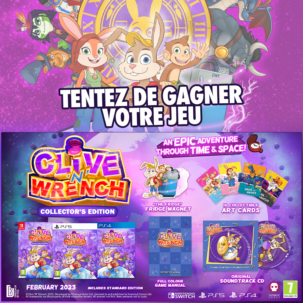 Micromania_Fr's tweet photo. Tentez de gagner votre édition collector de Clive'N'Wrench ! Rendez-vous demain pour la sortie du jeu ➡️ https://t.co/UzSVzclvFi

🐰 Like, RT &amp; Follow @Micromania_Fr &amp; @JustForGames_FR
🐰 Mentionnez un ami en réponse avec #MicromaniaCliveNWrench

Tirage au sort dans une semaine ! https://t.co/uDuSHBdJP0
