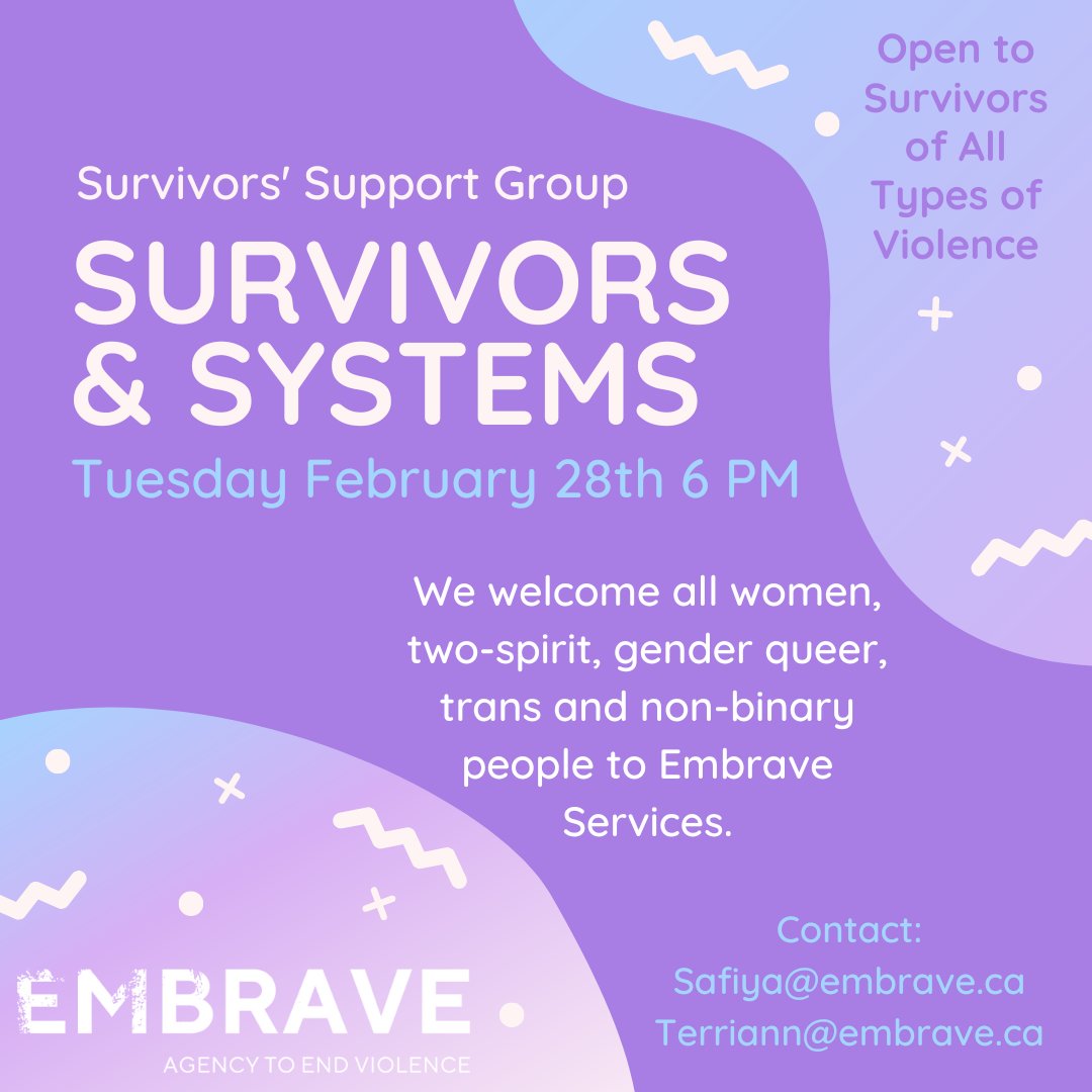 Embrave_ca's tweet photo. Tuesday Feb 28th 6:00 PM we’re hosting our 7th #OutofIsolation Survivors’ Meet Up with the topic Survivors &amp; Systems. 

We will explore how survivors are oftentimes retraumatized and harmed by systems that are meant to support them. 

Contact safiya@embrave.ca to join! https://t.co/anywQO9E9i