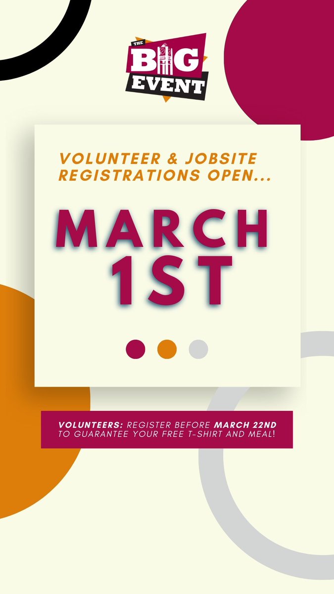BIG NEWS! 📣 We're just one week out from opening registration for The Big Event 2023! Next Wednesday, March 1st, registration will be open for jobsites, volunteers, and jobsite leaders at csc.edu/thebigevent. #thebigevent #chadronstatecollege
