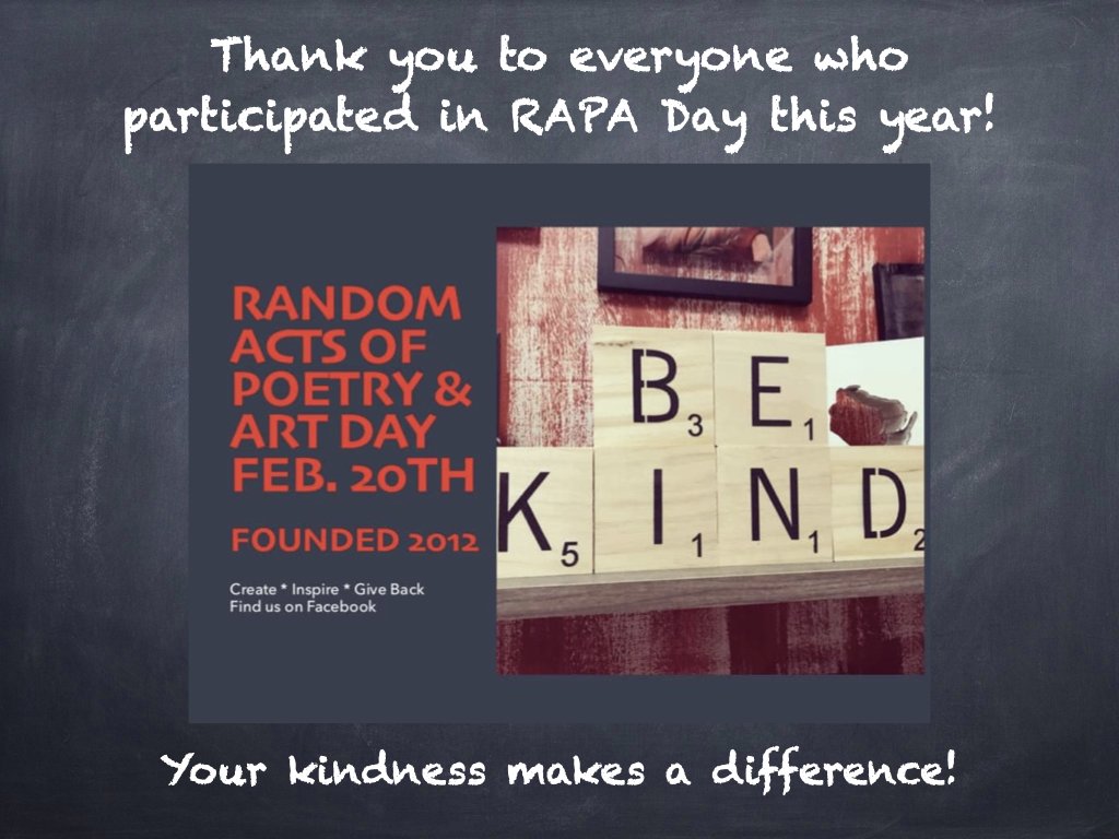 FirkinFiction's tweet photo. Thank you to everyone who participated in Random Acts of Poetry and Art Day this year!  Whether you created a small gift of poetry/art to give away, or sent someone a "get well" card, reaching out to others from a heart-centered space makes a difference! #RAPADay https://t.co/cdcnDFsHY0