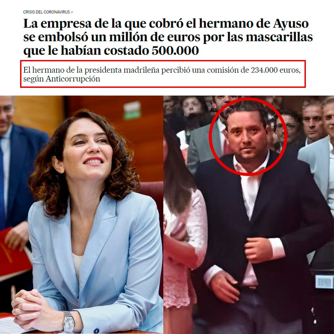 Emma1492is's tweet photo. El hermano de Ayuso, en lo peor de la pandemia cobró una comisión de 234.000€de unas mascarillas que habian costado 500.000€ y la empresa que le pagó se embolsó un millón de €.
Cosas del PP, por decir que no lo veía ético le costó el puesto a Casado. https://t.co/wVvJYUjOSc