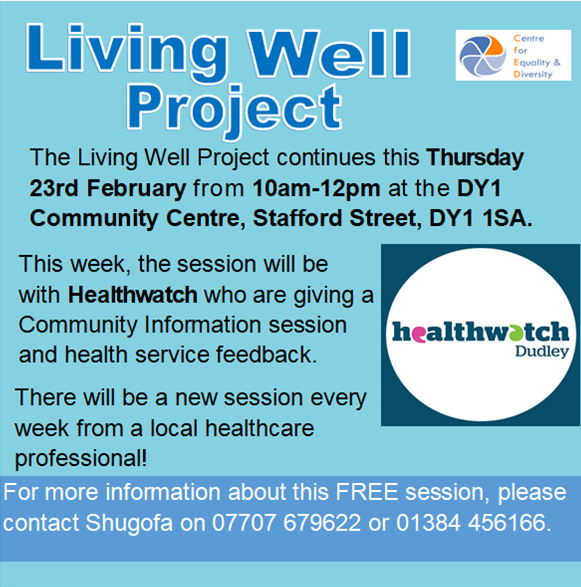 CfEDDudley's tweet photo. Don't forget! Tomorrow morning between 10am-12pm, we'll be joined by @HWDudley and @dudleylibraries for an informative health service feedback and Community Information session!

Come join us at the DY1 Community Centre for learn more! https://t.co/Y6DwIuSYIu