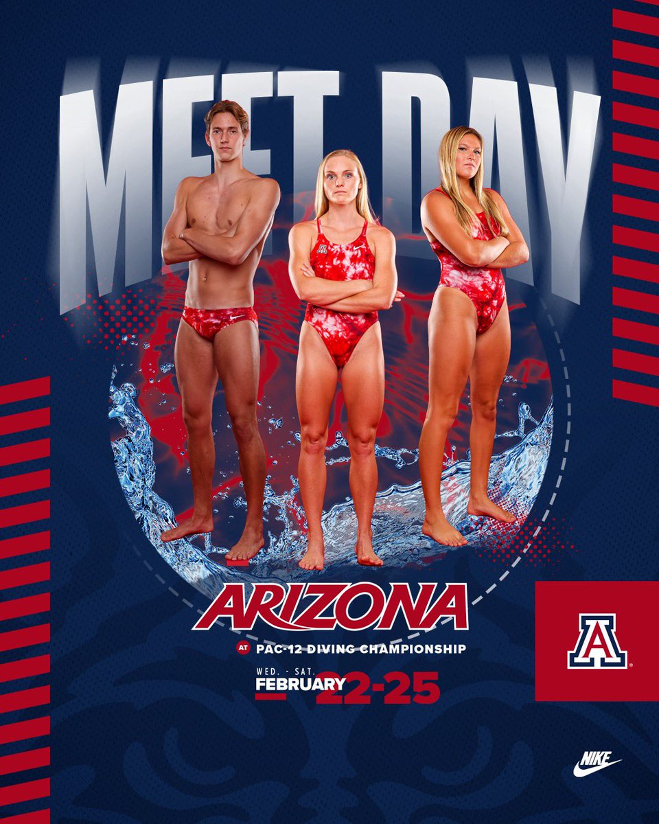 ArizonaSwimDive's tweet photo. 𝙄𝙏’𝙎 𝙏𝙄𝙈𝙀. 

🏊‍♀️ Women’s Swimming + Men’s and Women’s Diving Pac-12 Championships begin 𝘵𝘰𝘥𝘢𝘺.

⌚️ Men’s Diving 1M Finals 1:00 p.m. MT… Women’s Swimming 200 Medley &amp; 800 Free Relay Finals 7:00 p.m. MT… 

📊 https://t.co/SMGijYTply

#BearDown https://t.co/eEIYAkHG6o