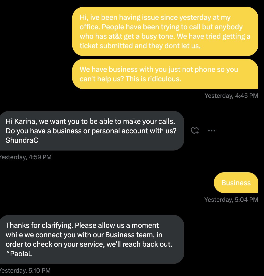 Kgarc0518's tweet photo. This is horrible customer service! I have been trying to contact @att for three days now. I called and they told me they can't submit a ticket because I do not have a phone service(I have internet business). https://t.co/F3dmSuz2La