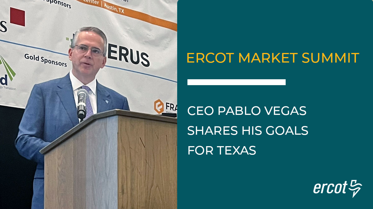 ERCOT_ISO's tweet photo. With Texas’ energy future at a crossroads, ERCOT CEO Pablo Vegas shares his goals for Texas to lead the way in innovation, competition and economic growth through market reforms, new generation, reliability products and technology to increase grid reliability. #ERCOTMarketSummit https://t.co/90Pdo1XpMp