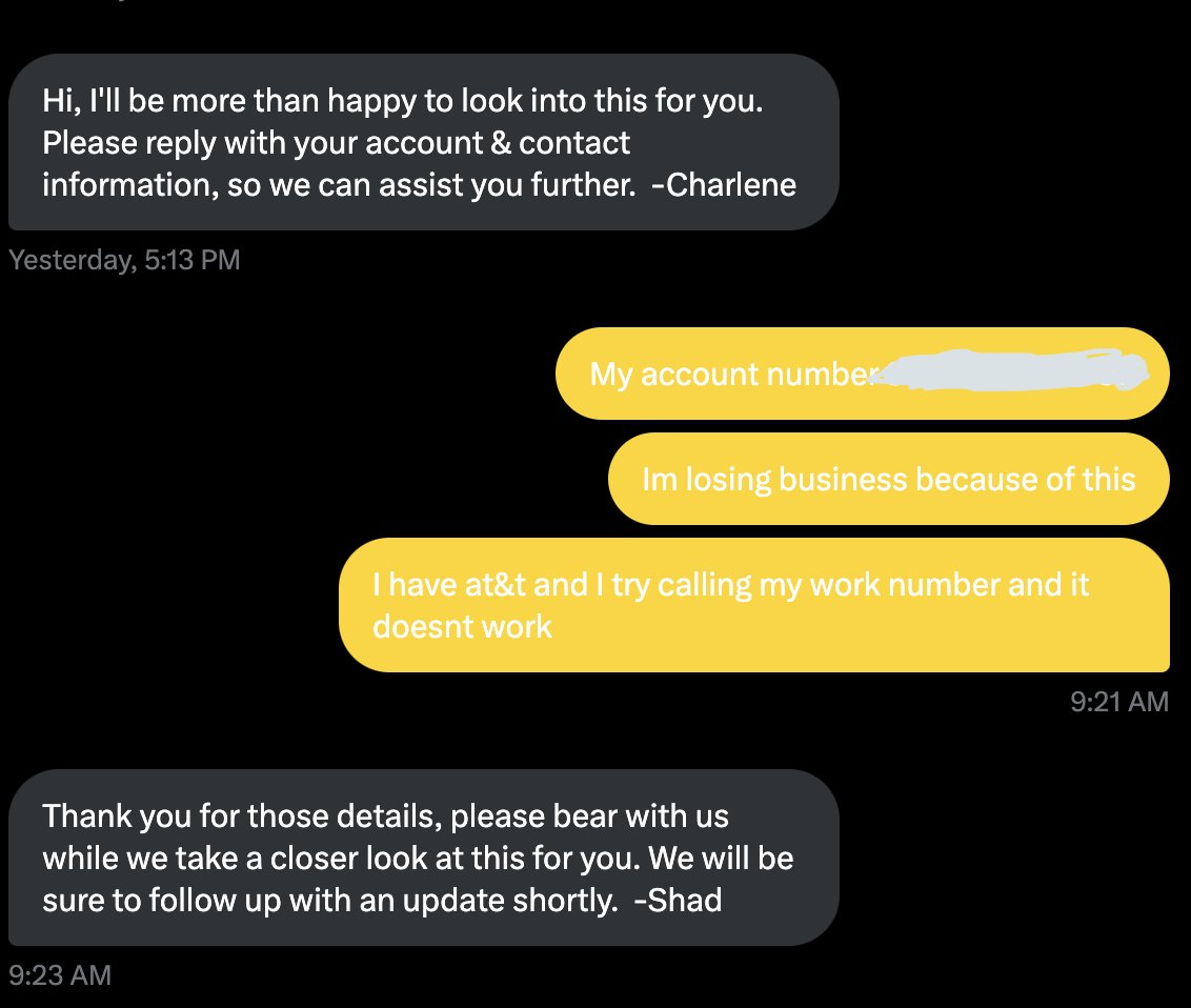 Kgarc0518's tweet photo. This is horrible customer service! I have been trying to contact @att for three days now. I called and they told me they can't submit a ticket because I do not have a phone service(I have internet business). https://t.co/F3dmSuz2La