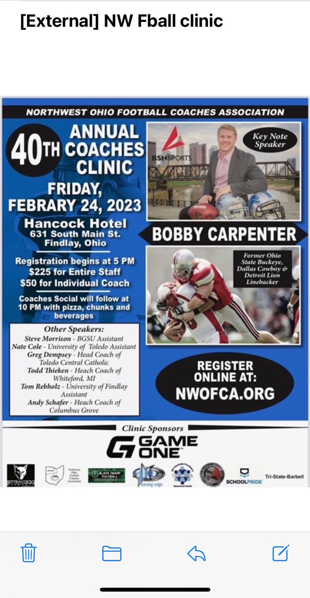 ⁦<a href="/ohsfca/">OHSFCA</a>⁩ ⁦<a href="/Bcarp3/">Bobby Carpenter</a>⁩ ⁦<a href="/sports_nwo/">NWO Sports</a>⁩ ⁦<a href="/blackswampfb/">Black Swamp Football - Lynn Groll</a>⁩ 2 days left until the NWOFCA Clinic at The Hancock Hotel in Findlay. Featuring OSU and NFL LB Bobby Carpenter along with other HS and college coaches speaking.