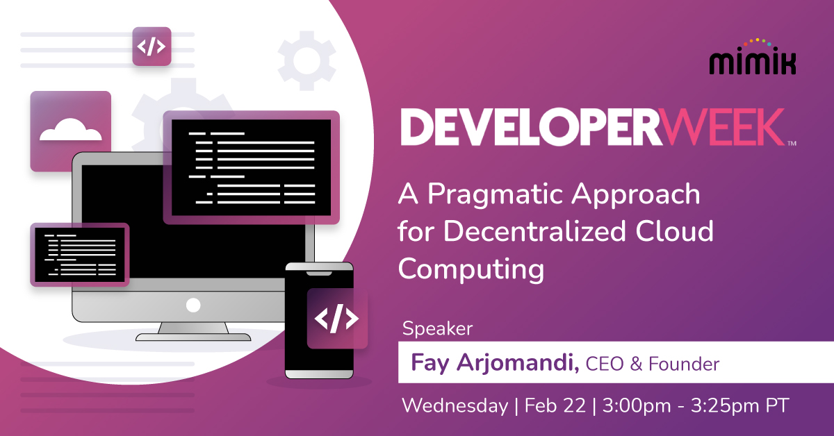 mimiktech's tweet photo. 🚨 Are you ready for virtual @DeveloperWeek at #CloudConnect?
Our founder and CEO, @Fayarjomandi is going to have a virtual keynote on A #Pragmatic Approach for Decentralized #CloudComputing.
Learn more about mimik’s developer journey: https://t.co/x1bBbI0Ibn
#DevWeek2023 https://t.co/DOZOuJlEZH