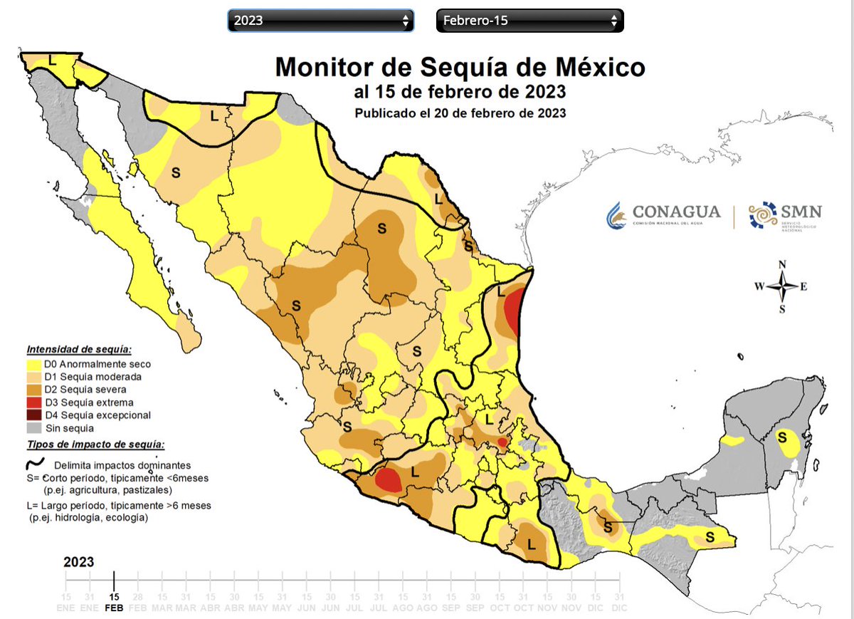 DuulceOlvera's tweet image. Apenas estamos en febrero, y así va la extensión de algún grado de sequía a nivel nacional en comparación con 15 de feb 2022, un año terrible para el norte. 
Mapas: Conagua.