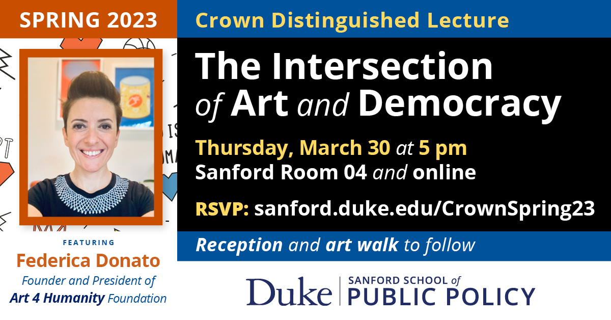 Sanford School of Public Policy (@dukesanford) on Twitter photo Mark your calendars! Thrilled to announce visual artist and social activist Federica Donato will join us this spring. Federica is known internationally for her commitment to promoting social causes and championing human rights
<a href="/Art4Humanity1/">Art 4 Humanity</a> <a href="/DukeU/">Duke University</a> Mark your calendars! Thrilled to announce visual artist and social activist Federica Donato will join us this spring. Federica is known internationally for her commitment to promoting social causes and championing human rights
<a href="/Art4Humanity1/">Art 4 Humanity</a> <a href="/DukeU/">Duke University</a>