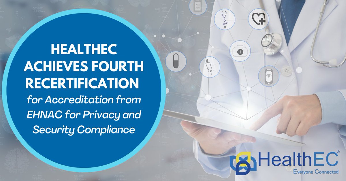 PRESS RELEASE: HealthEC Achieves 4th Recertification for Accreditation from EHNAC for Privacy/Security Compliance. Ensures adherence to health data processing standards and compliance with security infrastructure and integrity requirements. Learn more: bit.ly/3YZ4v03