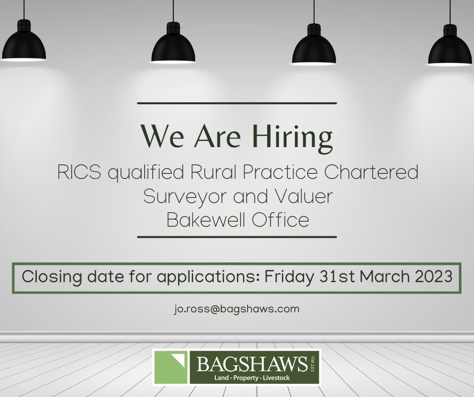 Job Vacancy at Bagshaws, Bakewell! We are pleased to offer the opportunity for a qualified rural surveyor to join our dynamic team at our Bakewell Office. Closing date March 31st 2023 For more information, follow this link: bit.ly/3ZeBZr6