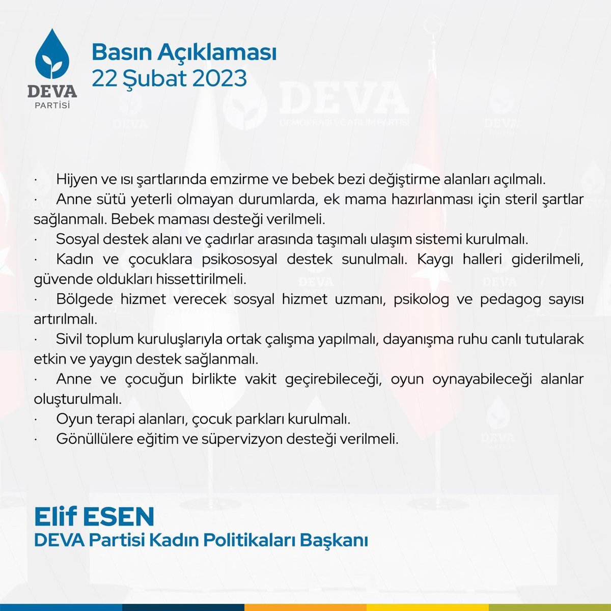 Deprem bölgesindeki kadınların hayatını kolaylaştırmak için neler yapılmalı?

devapartisi.org/parti/e-arsiv/…