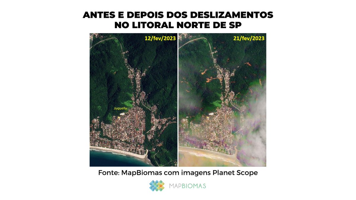 mapbiomas's tweet photo. Imagens de satélite mostram a dimensão da tragédia após o temporal que devastou o Litoral Norte de São Paulo. As áreas mais afetadas ficam no município de São Sebastião. #temporal #SãoSebastião #chuvas #Ubatuba #Sahy #Camburi #Tempestade #Caraguatatuba #litoralnorte #clima https://t.co/k4Dky98uLo