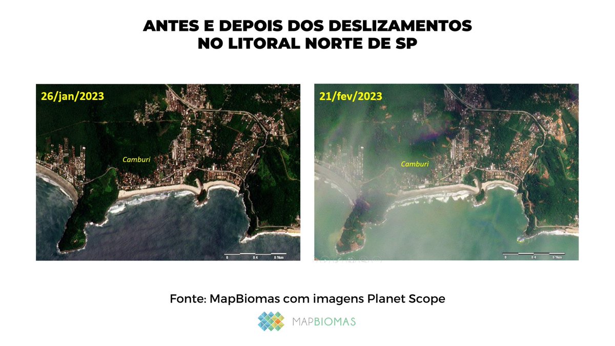 mapbiomas's tweet photo. Imagens de satélite mostram a dimensão da tragédia após o temporal que devastou o Litoral Norte de São Paulo. As áreas mais afetadas ficam no município de São Sebastião. #temporal #SãoSebastião #chuvas #Ubatuba #Sahy #Camburi #Tempestade #Caraguatatuba #litoralnorte #clima https://t.co/k4Dky98uLo
