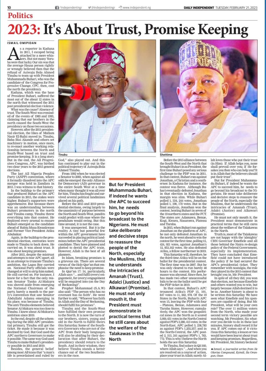 But for President Muhammadu Buhari, if indeed he wants the APC to succeed him, he  needs to go beyond his broadcast to the Nigerians. He must take deliberate and decisive steps to reassure the people of the North, especially the Muslims that he..