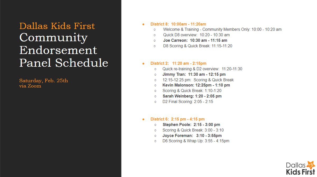 Want to join us but only have a few hours to spare Saturday? Here is the complete schedule so you can hear and vote on who matters most to you and get back to your regularly scheduled Saturday. If you haven't signed up yet, use the link to sign up today! bit.ly/DISDCEP