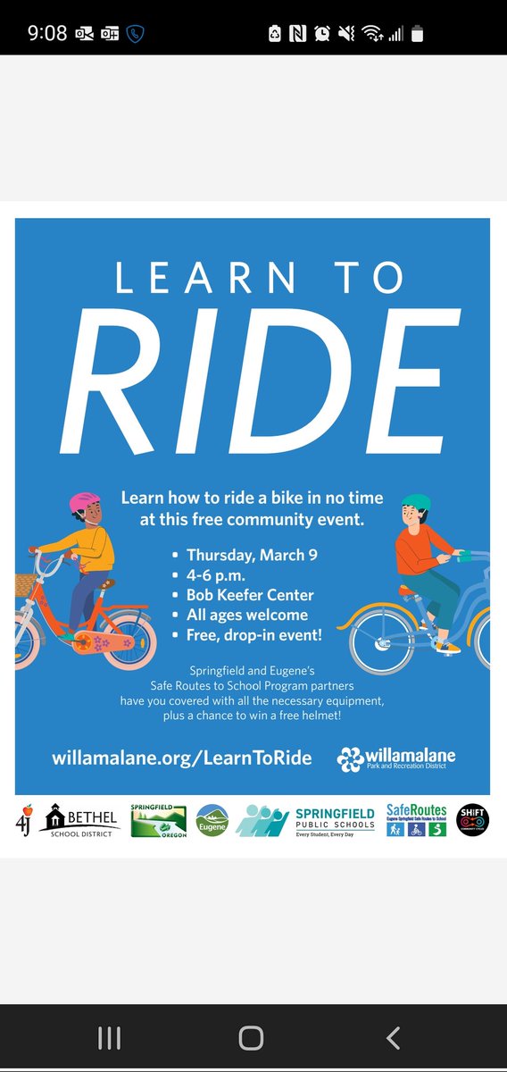 Join us at the <a href="/Willamalane/">Willamalane</a> Bob Keefer Center on Thursday, March 9 from 4-6pm to learn to ride a bike! All ages welcome, bikes and helmets provided but you can bring your own if you prefer!