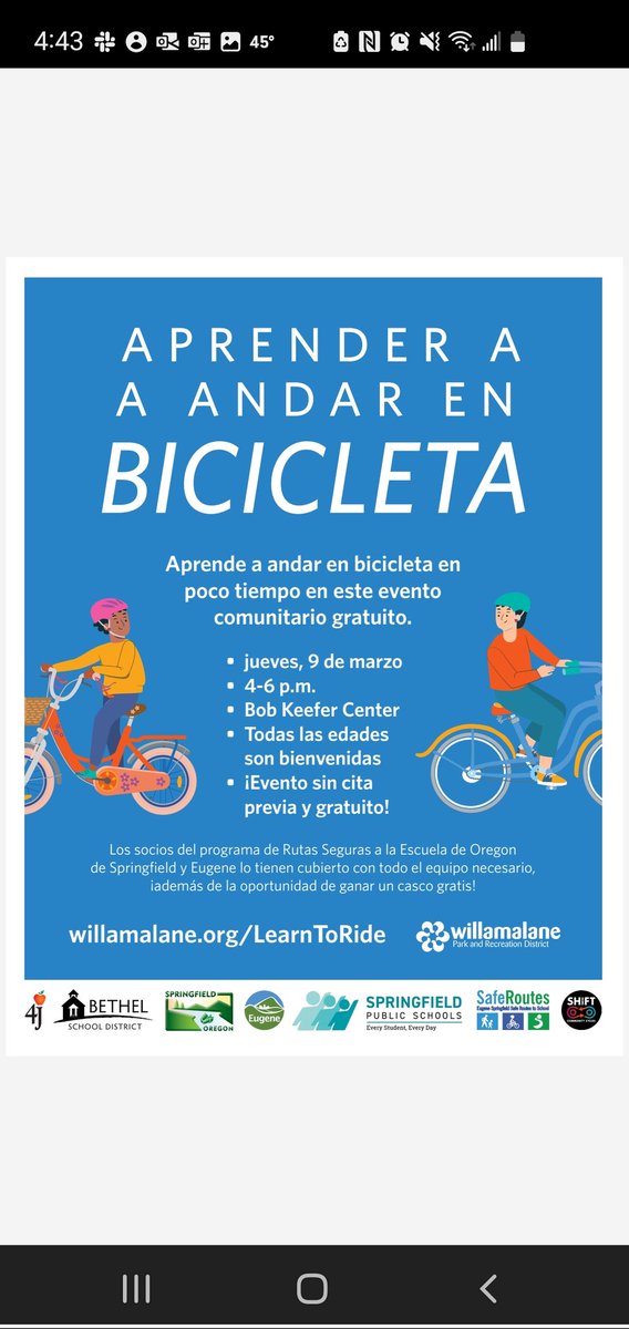 EugSpSRTS's tweet photo. Join us at the @Willamalane Bob Keefer Center on Thursday, March 9 from 4-6pm to learn to ride a bike! All ages welcome, bikes and helmets provided but you can bring your own if you prefer! https://t.co/QghwAI1U5h