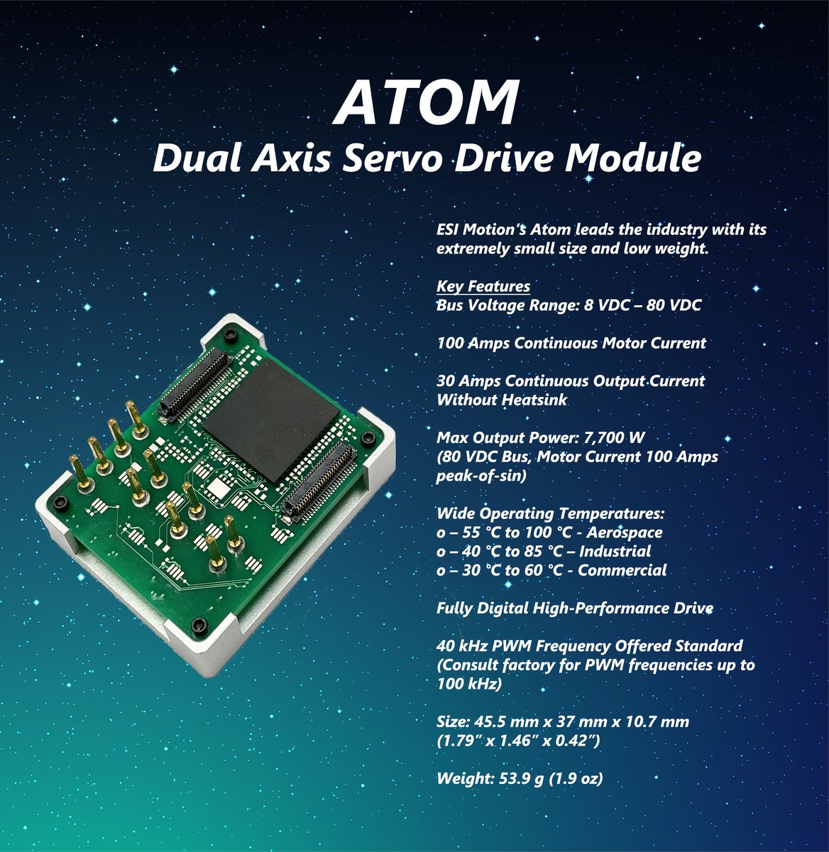MotionEsi's tweet image. ESI Motion’s Atom is a high-performance digital #servocontroller that can source 100 Amps with an 80 VDC bus to drive the most demanding applications.
Contact Us to begin Working with Our Team on Your Servo Drive Solution Today!

linkedin.com/posts/esi-moti…

#servo #servodrive #Space