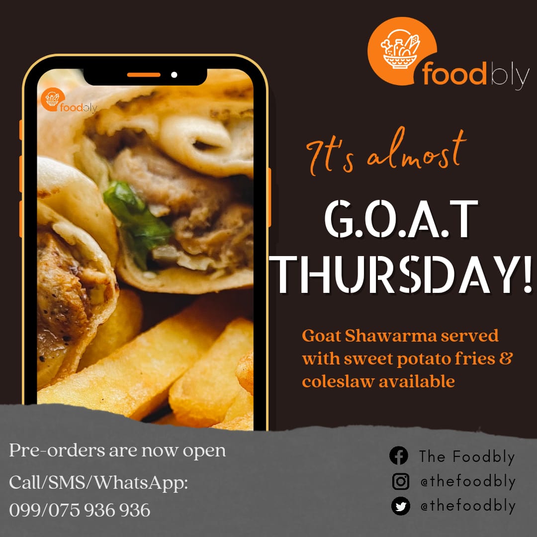 foodbly's tweet photo. We hope everyone is having a restful holiday. It's almost G.O.A.T Thursday and Pre-orders are open!
Call/SMS/whatsApp: 099/075 936 936 to order for your plate of deliciousness π
We accept #Afrimoney & #OrangeMoney payments
#Foodbly #GoatShawarma #SaloneTwitter https://t.co/qTT1WWrE4B