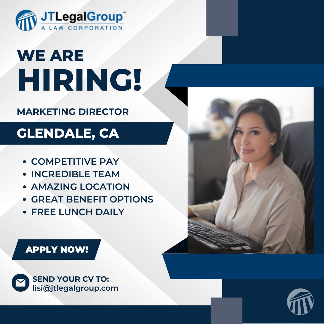 JTLegalGroup's tweet photo. JT Legal Group is looking for a talented Marketing Director to join our dream team!
Send resumes to Lisi@JTLegalGroup.com ✉️
--
#NowHiring #DreamTeam #JTLegalGroup https://t.co/D8KUQs1EsZ