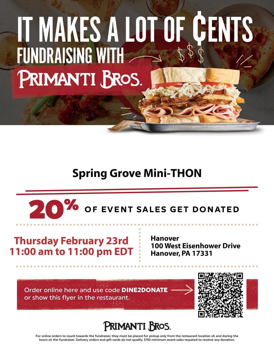 sgminithon's tweet photo. Come dine at Primanti Bros. &amp; benefit SG Mini-THON. Order online or show the flyer at checkout 🍟 https://t.co/ovMHm4RnWK