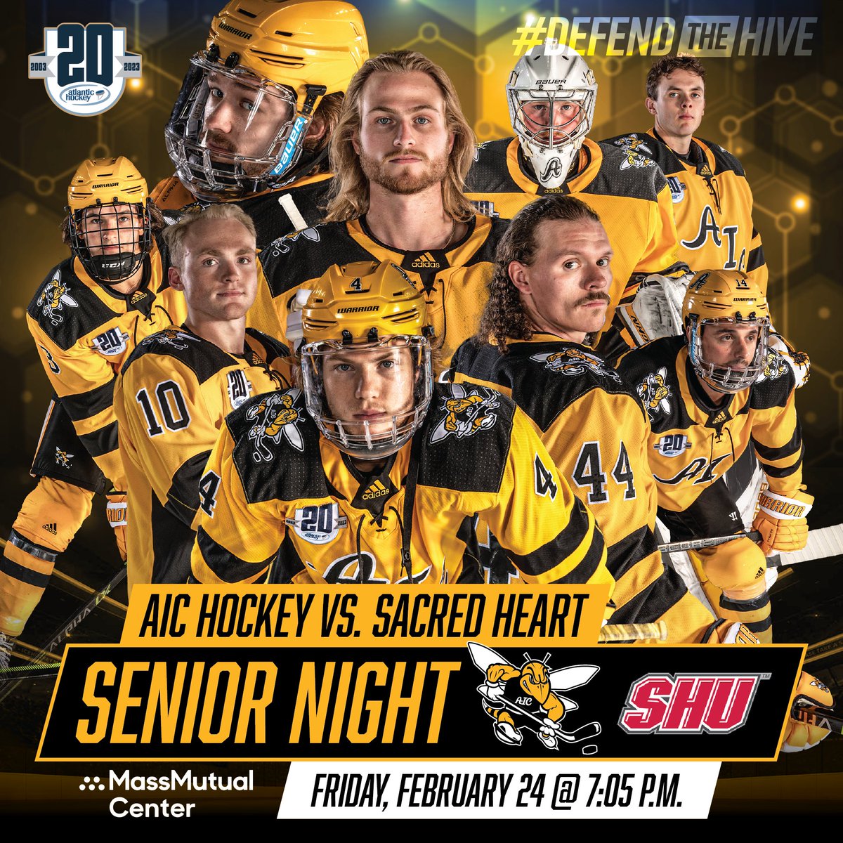 Come support our seniors this Senior Night on Friday at 7:05 PM <a href="/MM_Center/">MassMutual Center</a>! We'll have...

🐝 Pregame ceremony
🐝 $2 beer/popcorn/soda (CC: <a href="/TeamECH/">EVERYTHING COLLEGE HOCKEY</a>)
🐝 Youth hockey players get in FREE if you're wearing your jersey!

🎫🔗: aictix.com 
#AICommitted
