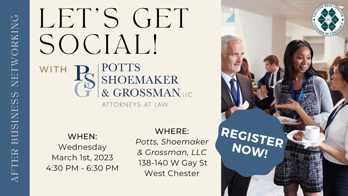 Join us for an #AfterBusinessNetworking event with Potts, Shoemaker &amp; Grossman, LLC! 🤝 Wednesday, March 1st, from 4:30 - 6:30 PM, register now for a night of networking, food, and drinks! Register here for free: ow.ly/XCkv50LVqUe