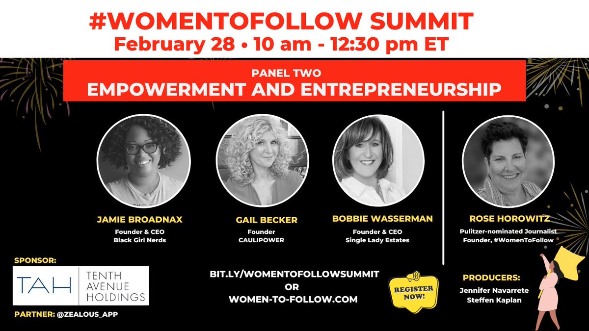 How Do Successful Entrepreneurs Build from Scratch?

Join me for the #WomenToFollow Summit, 
Feb. 28

Speakers - Panel 2
🟠<a href="/JamieBroadnax/">Jamie Broadnax</a>, <a href="/BlackGirlNerds/">Black Girl Nerds</a>
🔴<a href="/gailfbecker/">Gail Becker</a>, <a href="/CAULIPOWER/">CAULIPOWER</a> 
🟢<a href="/BobbieWasserman/">Bobbie Wasserman</a>, Single Lady Estates
 
✅REGISTER: bit.ly/womentofollows…