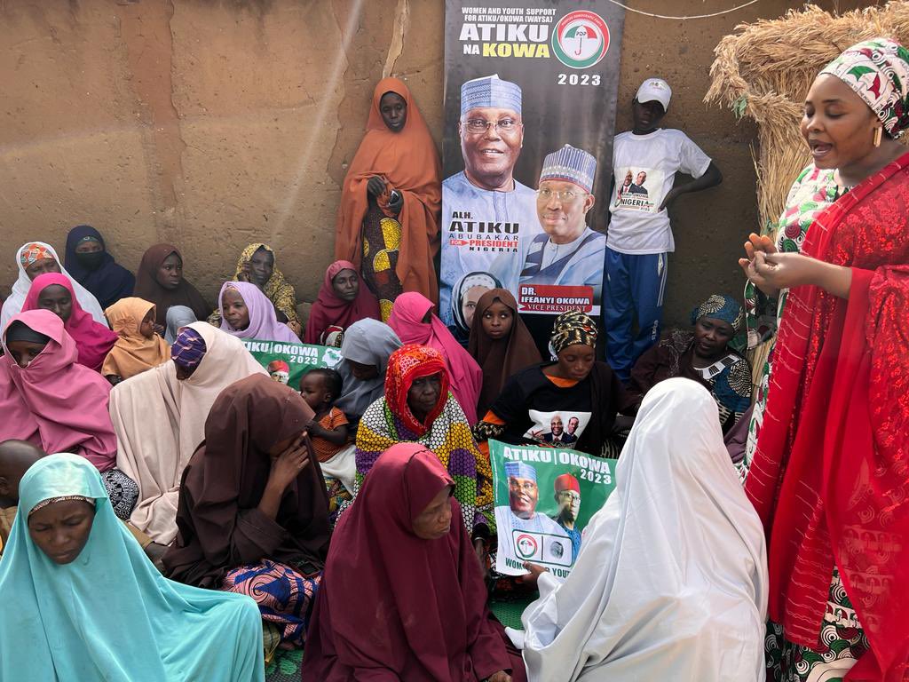 FatiAtiku's tweet photo. The Door To Door mobilization committee of the Women And Youth Support For Atiku 2023 #Waysa, Yobe State are doing a wonderful work. I must commend their steadfastness and commitment in the realization of Atiku’s victory next Saturday. The future looks bright with Atiku. https://t.co/B7FIQzLEba