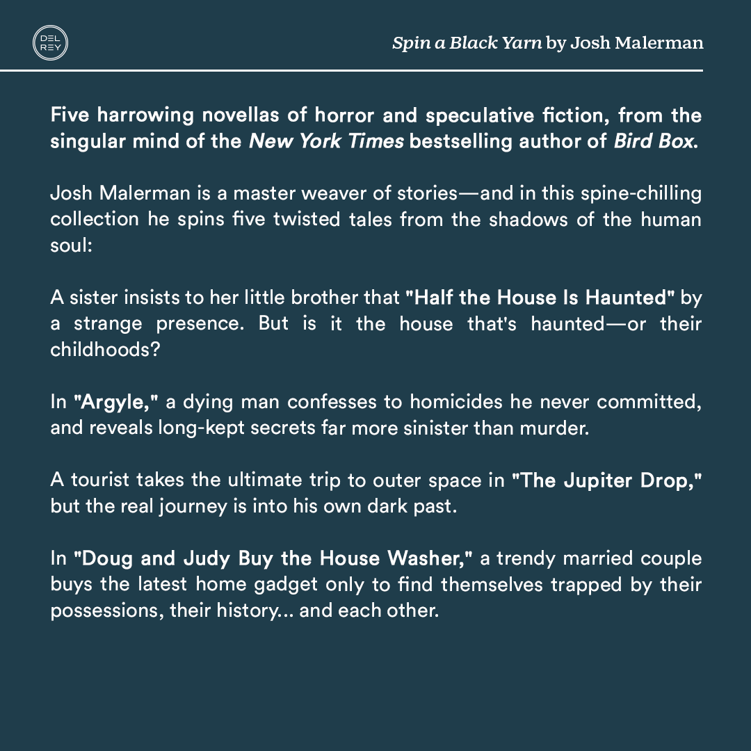 ICYMI: Feast your eyes on the gorgeously twisty cover of SPIN A BLACK YARN, a collection of five horror and speculative fiction novellas from @JoshMalerman! 🧶 Preorder here: penguinrandomhouse.com/books/653325/s…

Fiber Artist: <a href="/mister_caitlin/">Cait McCormack</a>