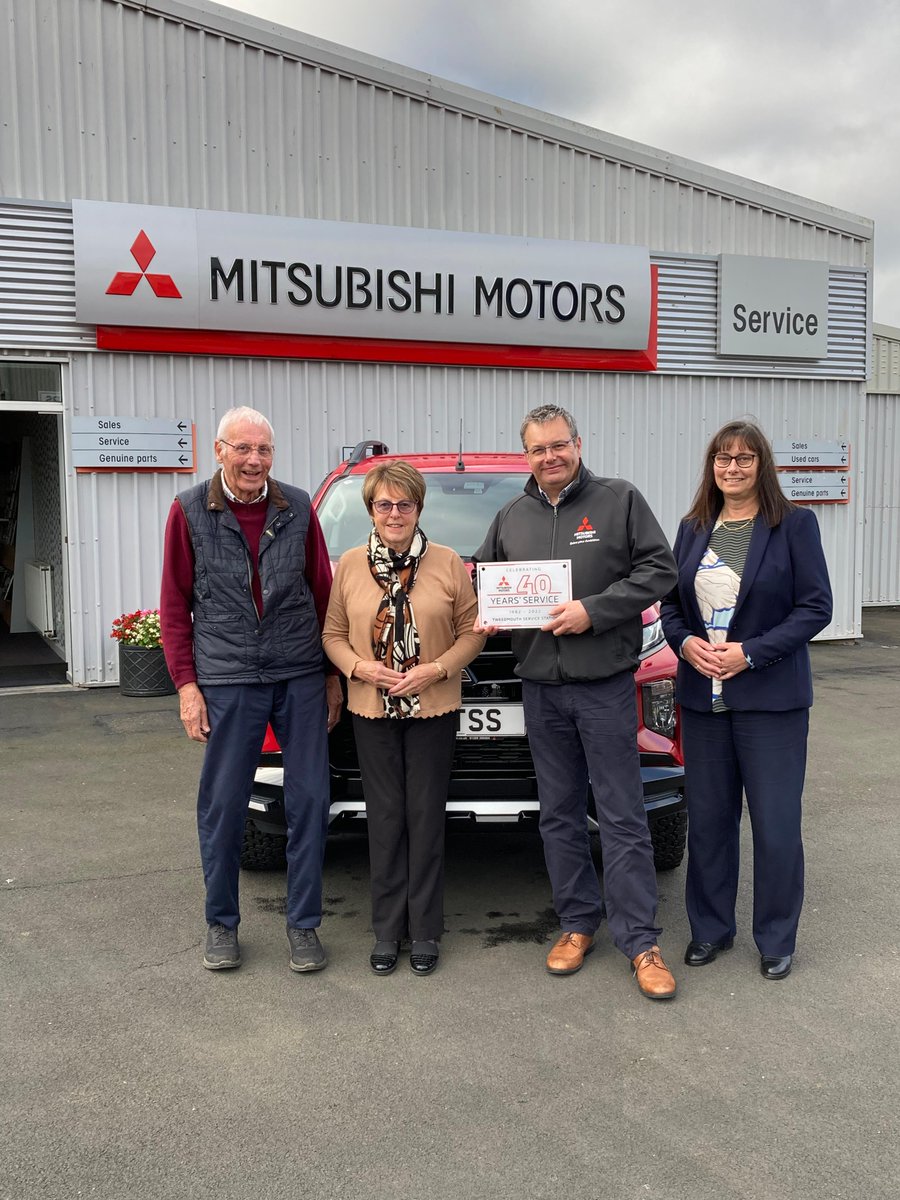 Congratulations to Tweedmouth Service Station, who have been part of the Mitsubishi Family for an incredible 40 years! Here is the founder Ian Deans, along with his wife, daughter and son, Michael Deans, Dealer Principal. Fantastic achievement👏 #MitsubishiMotorsUK