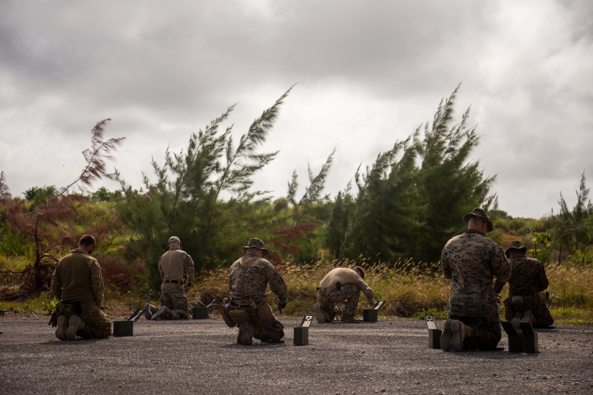 USMC's tweet photo. #Marines conduct a multilateral Explosive Ordnance Disposal (EOD) range at Andersen Air Force Base, Guam, Feb. 14.

This training was conducted alongside EOD technicians from the @AusAirForce, @JASDF_PAO_ENG, Royal Netherlands Air Force, @usairforce, and @USNavy.

#CombinedForce https://t.co/oaVVzQkhUb