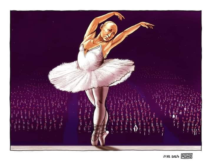 I listened to Putin's address, and I think this picture by 🇺🇦 artist Maksym Palenko summarizes it well.
Since the 1991 August coup the Swan Lake ballet became a symbol of political turmoil in Russia; during the coup Russian TV showed the ballet, not news. 
Now Putin has to dance.