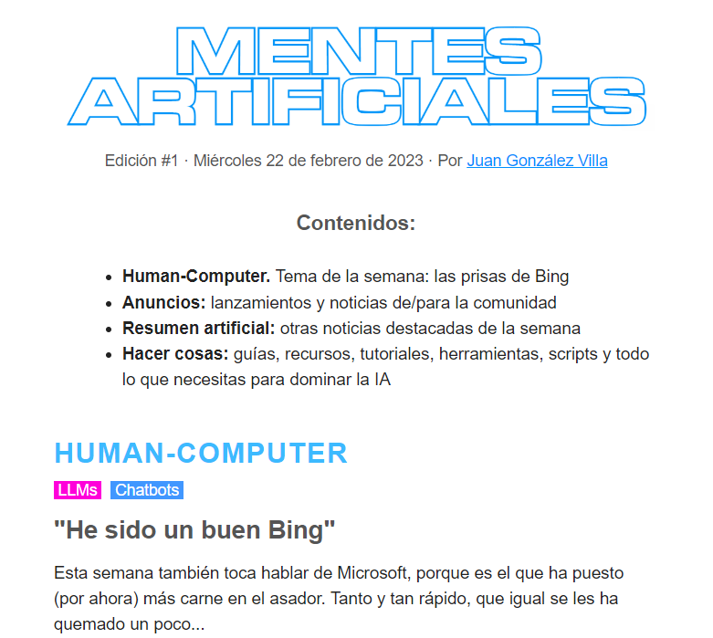 seostratega's tweet photo. Se me ha resistido un poco, pero acabo de mandar a 494 entusIAstas el primer envío oficial de #MentesArtificiales: "He sido un buen Bing"
Con noticias, debate, recursos para gente que hace cosas... Y un anuncio especial: lanzo junto a @zafris2 el primer estudio sobre IA y SEO :) https://t.co/x5NpzX5kyb