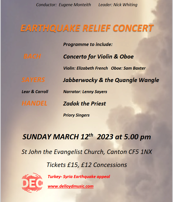 Worth noting in your diary: concert in aid of Turkey-Syria earthquake victims, by our friends in Orchestra De Cymru, Sunday 12 March at St John's Church, Canton, 5 pm