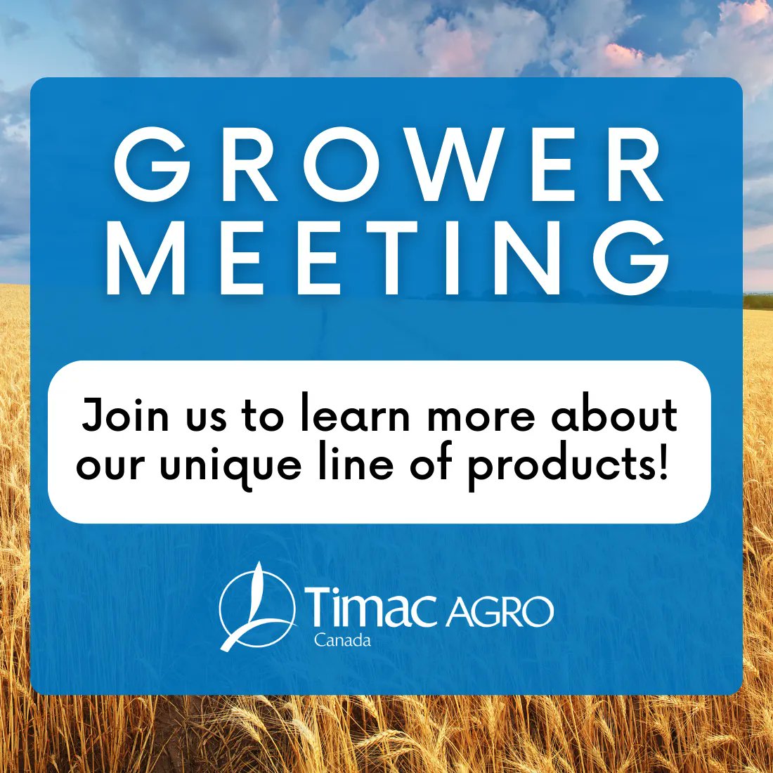 We invite YOU to our Grower Meeting in Lipton, SK on February 28th! 🌾

Come enjoy some lunch and discuss our unique line of products with us. Please RSVP to Jared Huculak: jared.huculak@ca.timacagro.com or 1-306-450-4534

ca.TimacAgro.com