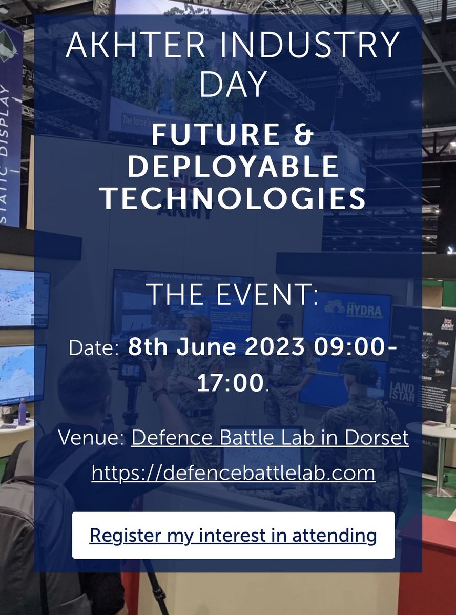 akhterltd's tweet photo. Akhter are happy to announce the following suppliers are attending our Industry Day. More to follow as we receive confirmations.
@Antillionltd  @myClevertouch @cyviz  @BlackBerry  @evolve_dynamics  @ElbitSystemsLtd https://t.co/eeeE5MaJ4J